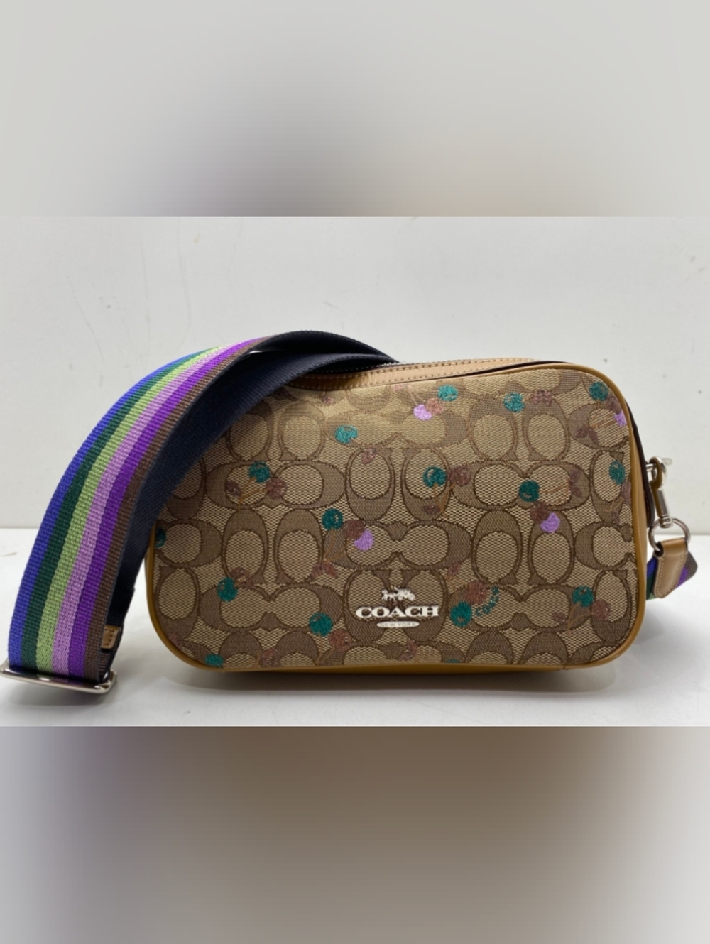 Coach Isla Gorgeous Crossbody in Signature Jacquard/Leather w/ Cherry Print